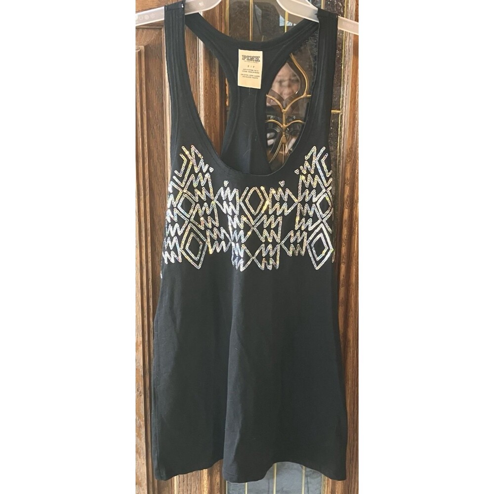 PINK Victoria's Secret Black Racer Back Tank Size S Geometric EUC‎ Silver Sequin